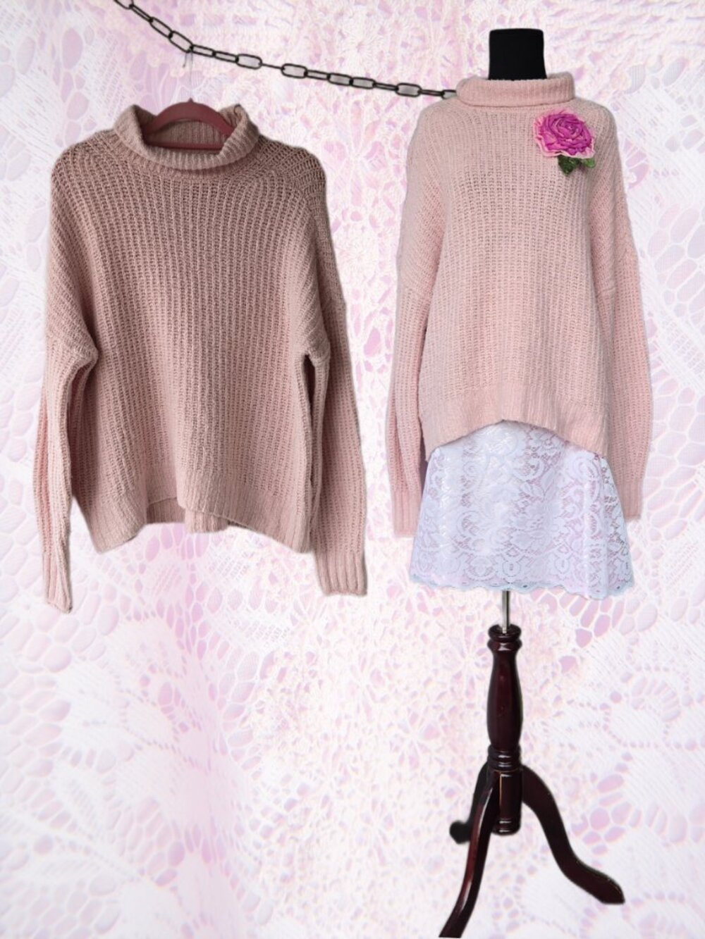 Light Pink Turtleneck Oversized Sweater Cottagecore